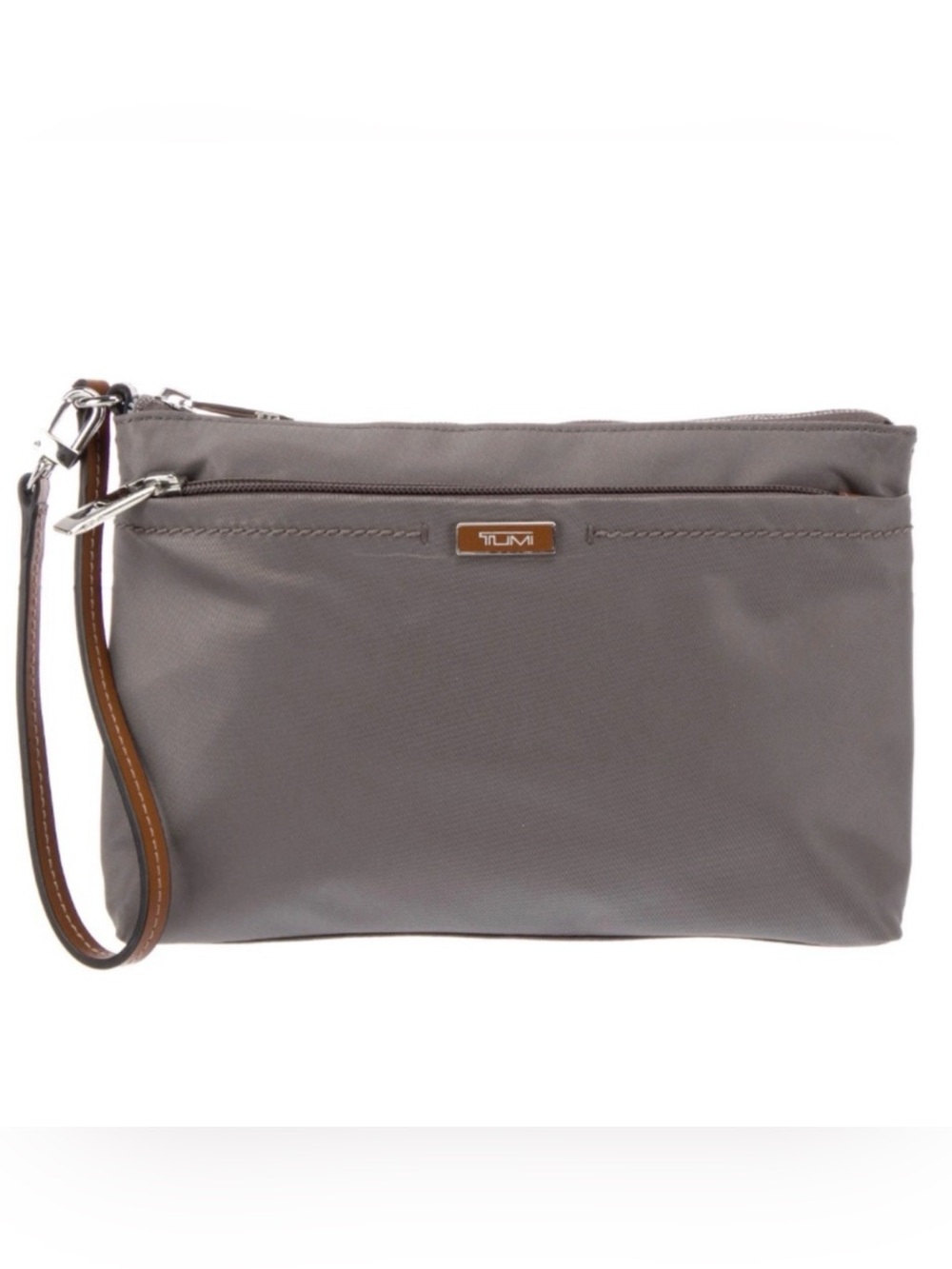 Tumi Susan Multifunctional Pouch Wristlet in Grey with Brown Leather Trim